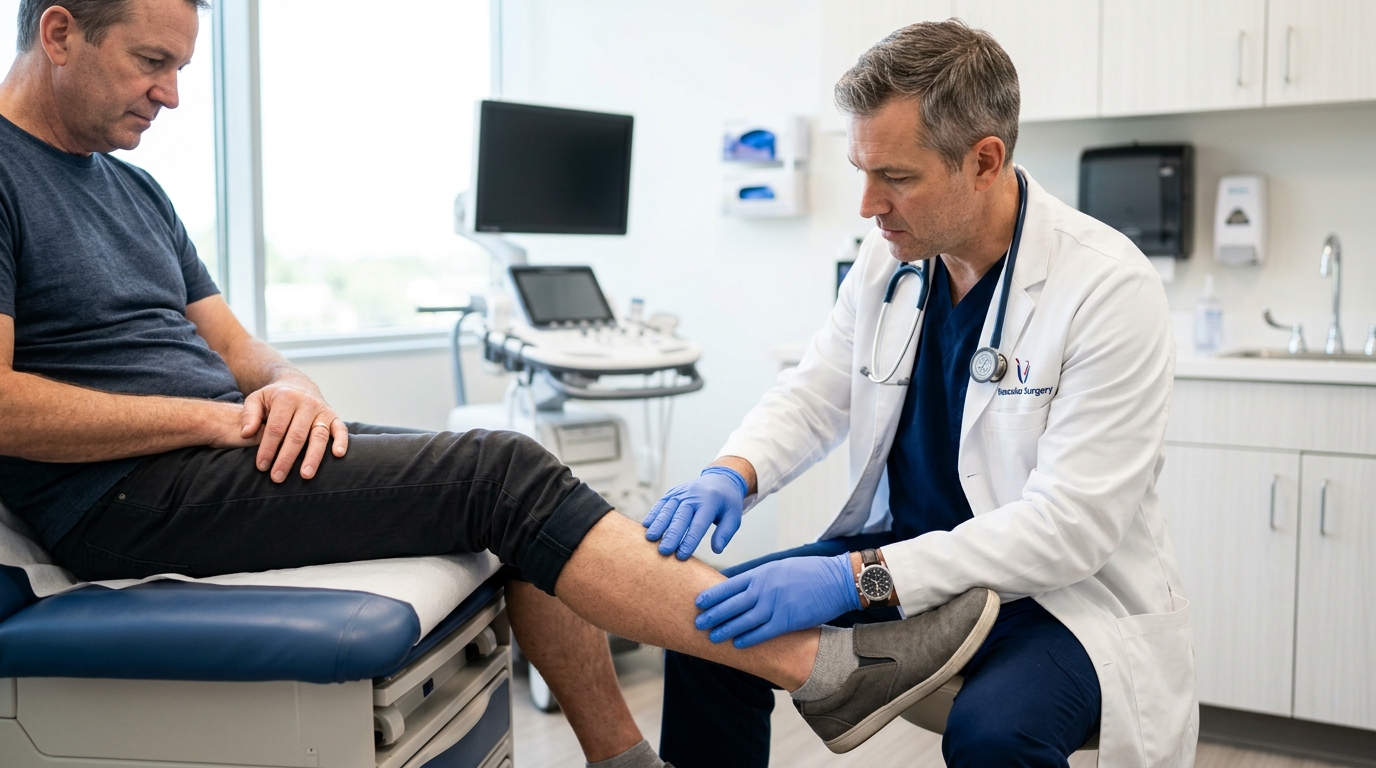 Cirurgião vascular examinando cuidadosamente a panturrilha de um paciente adulto durante uma consulta de check-up de trombose e varizes
