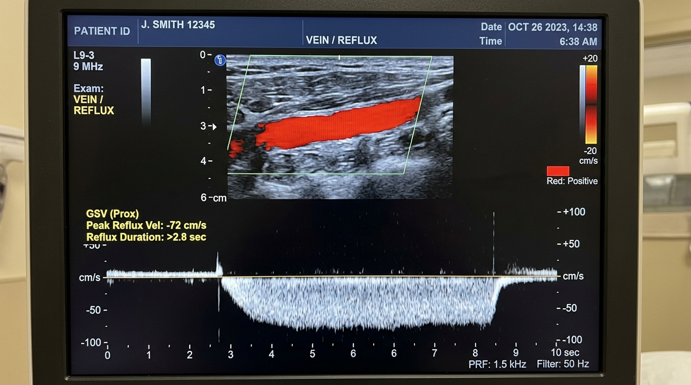 Ilustração médica 3D da veia safena mostrando a anatomia da perna e setas indicando o fluxo sanguíneo e o refluxo venoso devido à falha das válvulas