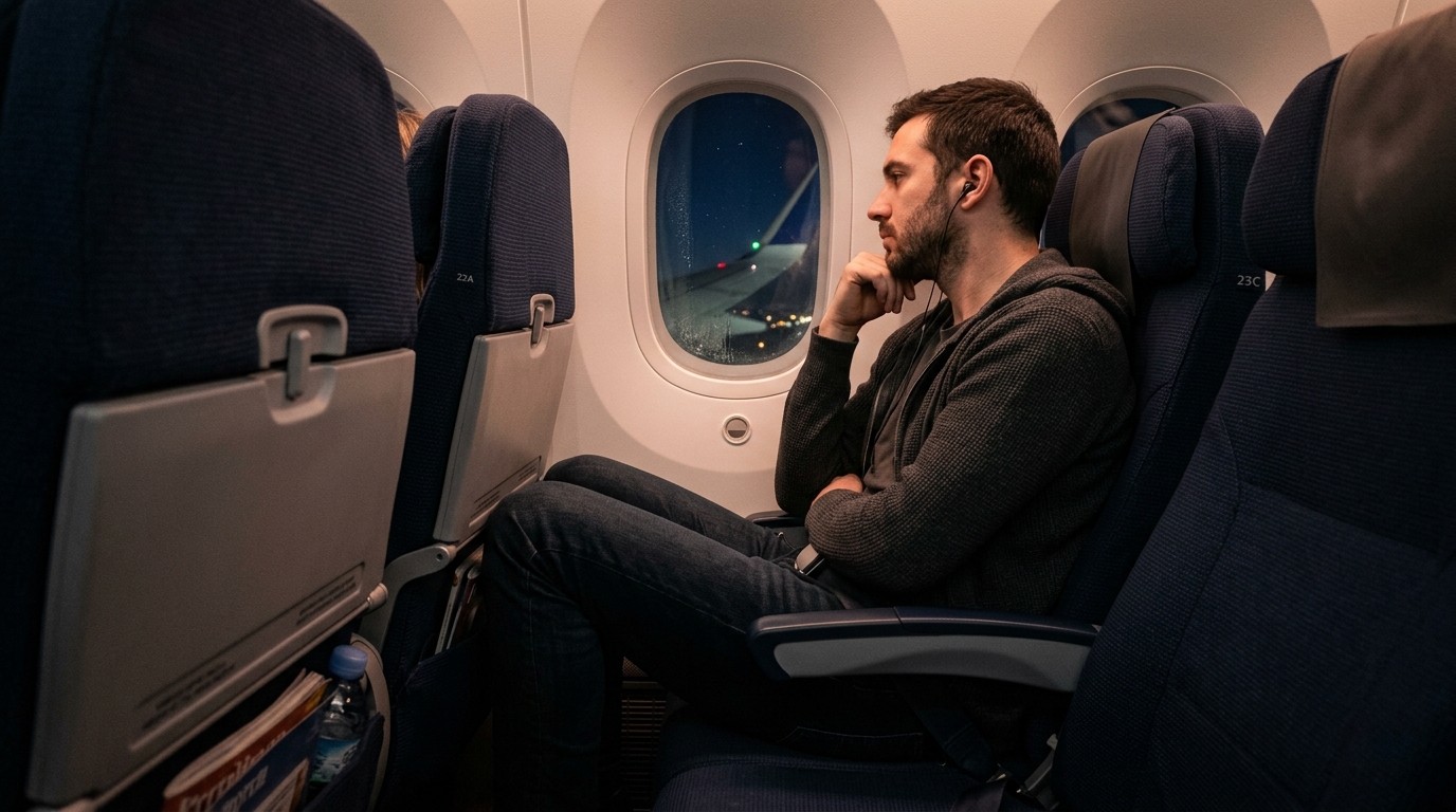 Passageiro homem pensativo sentado em uma poltrona apertada da classe econômica de um avião comercial olhando pela janela durante um voo noturno longo